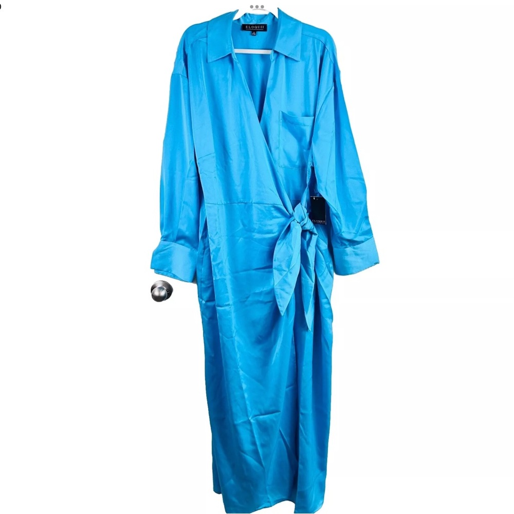 NWT Eloquii Blue Satin Long Sleeve Maxi Wrap Dress Gown
